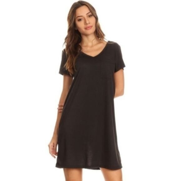 Yelete Basic Black V-Neck Criss Cross Back T-Shirt Dress - Picture 1 of 6
